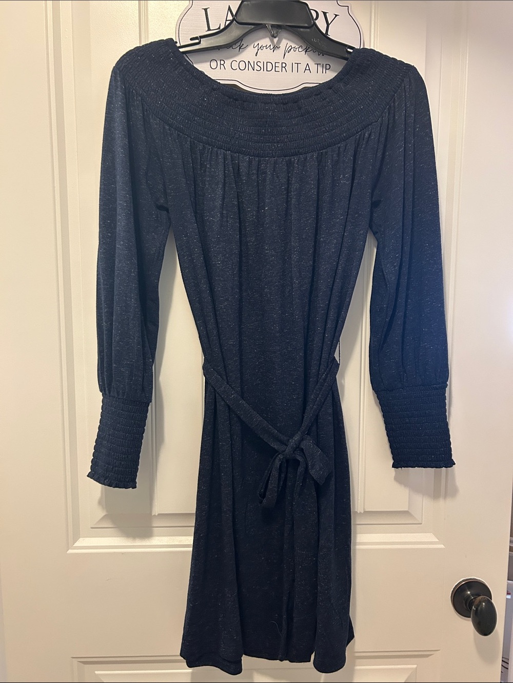 LOFT Navy Heatherd Long-Sleeve Belted Dress
